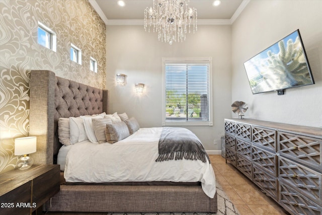 34096 N 87th Way, Scottsdale, AZ 85266 - bedroom featuring a chandelier, wallpapered walls, baseboards, ornamental molding, and tile patterned floors