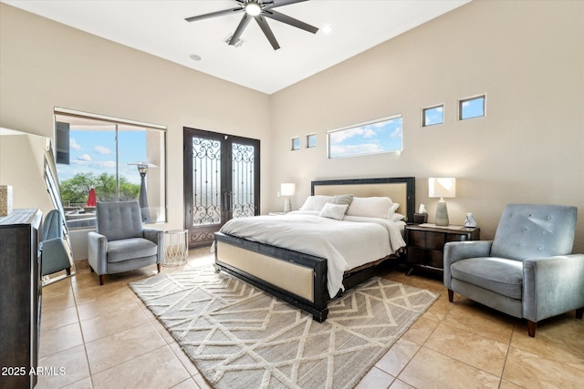 34096 N 87th Way, Scottsdale, AZ 85266 - bedroom with a ceiling fan, access to outside, a high ceiling, and light tile patterned flooring