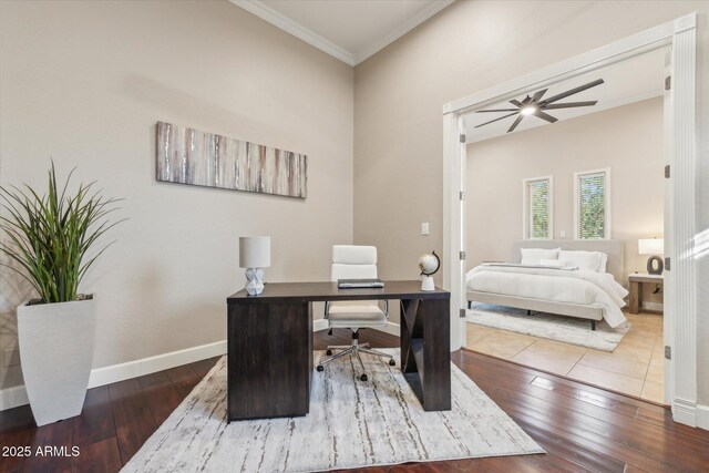 34096 N 87th Way, Scottsdale, AZ 85266 - home office featuring ornamental molding, hardwood / wood-style floors, ceiling fan, and baseboards
