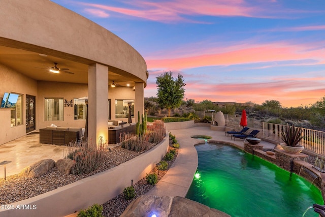 34096 N 87th Way, Scottsdale, AZ 85266 - view of pool with a patio, an outdoor living space, a fenced in pool, fence private yard, and a ceiling fan