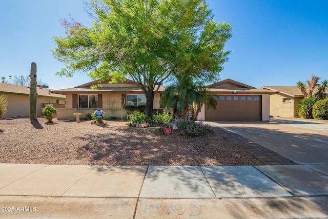 single story home featuring brick siding, an attached garage, and driveway