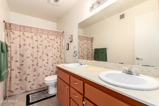 full bath featuring tile patterned floors, visible vents, toilet, and a sink