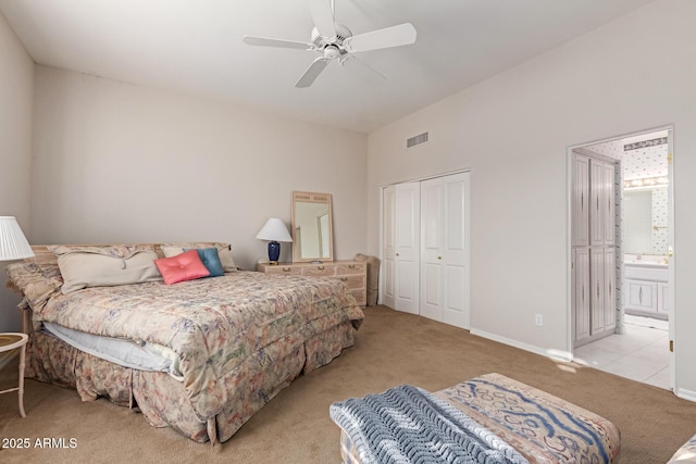 24801 N Vado Ct, Rio Verde, AZ 85263 - bedroom featuring carpet flooring, a closet, ceiling fan, lofted ceiling, and baseboards