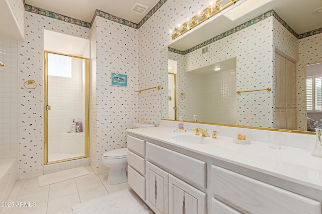 24801 N Vado Ct, Rio Verde, AZ 85263 - bathroom featuring wallpapered walls, toilet, a shower with shower door, vanity, and tile patterned flooring