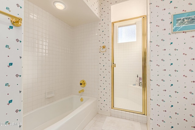 24801 N Vado Ct, Rio Verde, AZ 85263 - bathroom with a shower, wallpapered walls, tile patterned flooring, and a bathtub