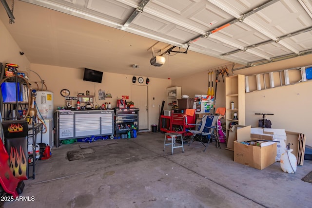 2202 S Lawther Dr, Apache Junction, AZ 85120 - garage with electric water heater, a workshop area, and a garage door opener