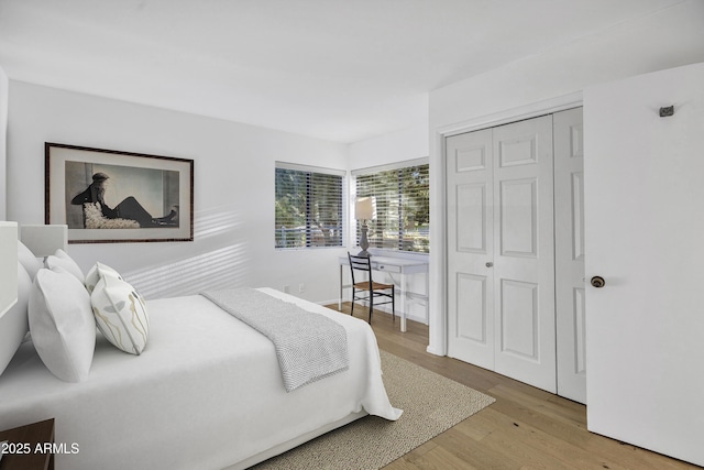 bedroom featuring wood finished floors and a closet