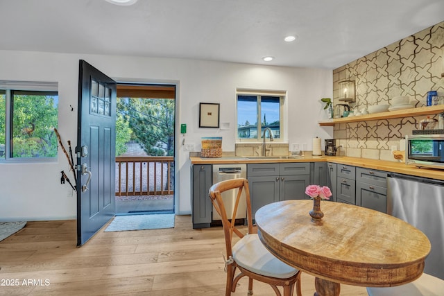 kitchen featuring butcher block counters, stainless steel appliances, light wood-style floors, a sink, and gray cabinetry