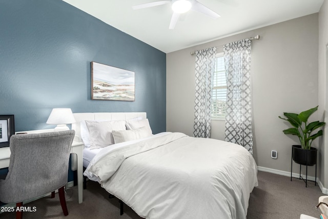 carpeted bedroom featuring ceiling fan and baseboards