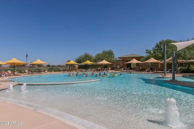 view of pool featuring pool water feature