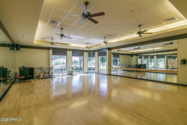 workout area with light hardwood / wood-style flooring, a healthy amount of sunlight, and a raised ceiling