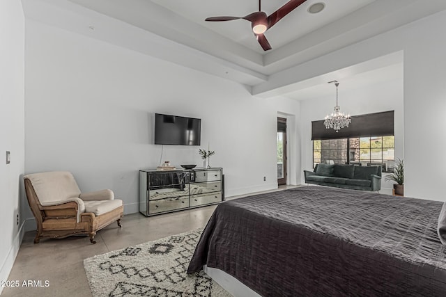 bedroom with finished concrete flooring, baseboards, and ceiling fan with notable chandelier