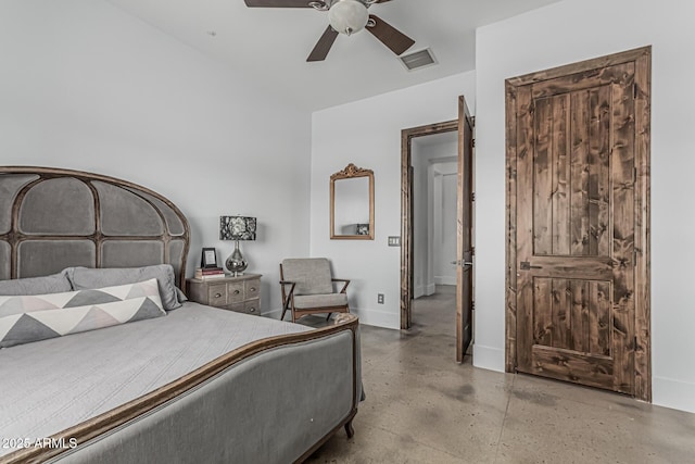 bedroom with visible vents, baseboards, ceiling fan, and finished concrete flooring
