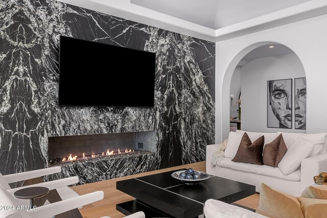 living room featuring hardwood / wood-style floors and a fireplace