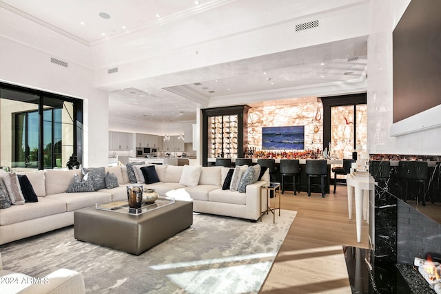 living room with crown molding, light hardwood / wood-style floors, and a tray ceiling