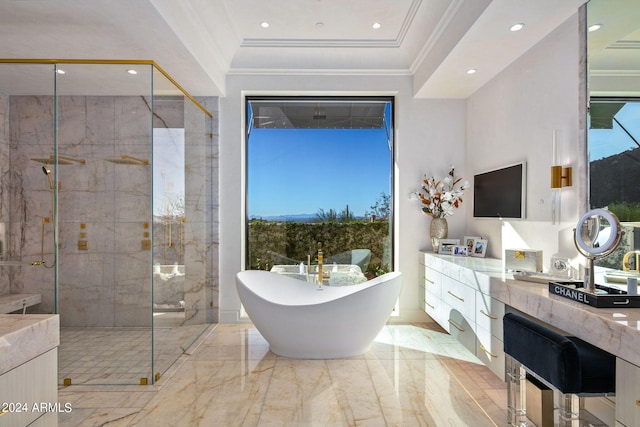 bathroom with plus walk in shower, vanity, tile floors, and crown molding