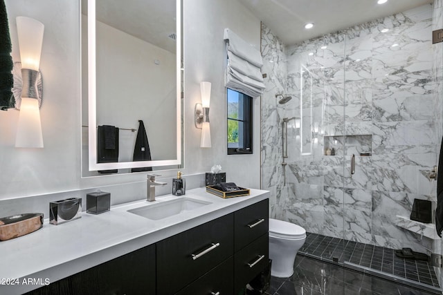 bathroom with walk in shower, tile floors, toilet, and oversized vanity