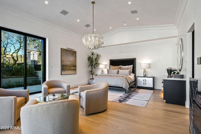 bedroom featuring access to exterior, lofted ceiling, ornamental molding, light hardwood / wood-style flooring, and an inviting chandelier