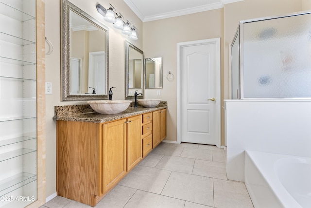 bathroom featuring vanity, crown molding, tile patterned floors, and plus walk in shower