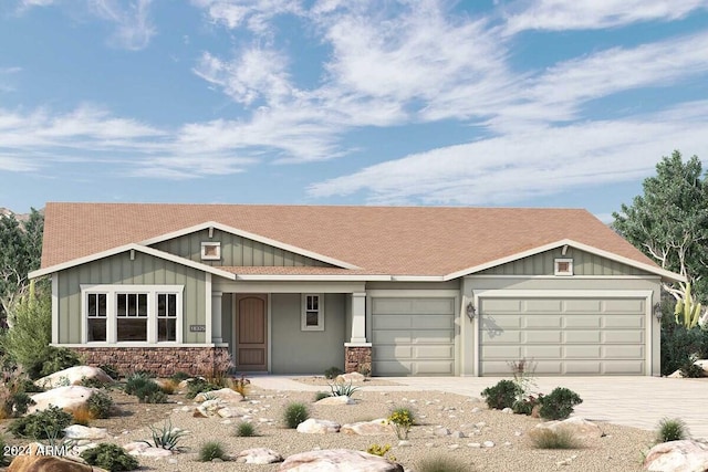 view of front of house with a garage, stone siding, driveway, and board and batten siding