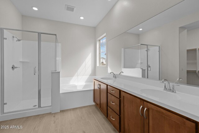 12311 W Parkway Ln, Avondale, AZ 85323 - full bath with a shower stall, wood finished floors, a bath, double vanity, and recessed lighting