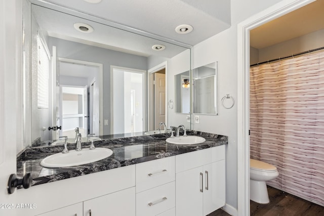 3641 E Park Ave, Phoenix, AZ 85044 - bathroom with toilet, double vanity, wood finished floors, and a shower with curtain