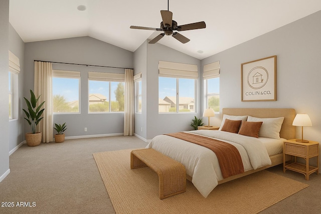 3641 E Park Ave, Phoenix, AZ 85044 - bedroom with light colored carpet, vaulted ceiling, baseboards, and a ceiling fan