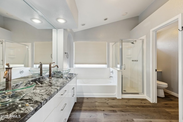 3641 E Park Ave, Phoenix, AZ 85044 - full bath featuring a garden tub, double vanity, a stall shower, wood finished floors, and toilet