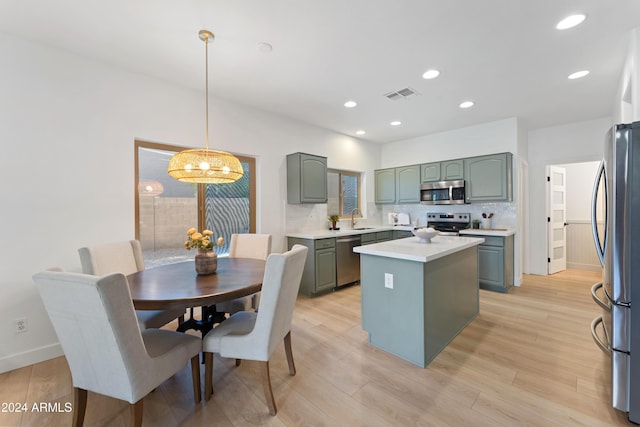 kitchen featuring sink, stainless steel appliances, pendant lighting, a kitchen island, and light wood-type flooring