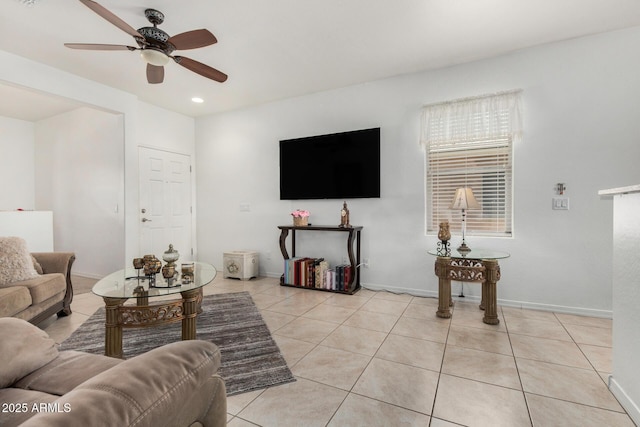 22403 W Harrison St, Buckeye, AZ 85326 - living area featuring a ceiling fan, light tile patterned floors, and recessed lighting