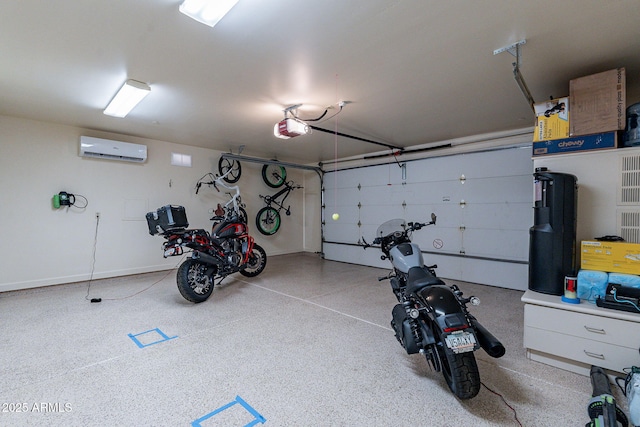 garage with a wall mounted air conditioner and a garage door opener