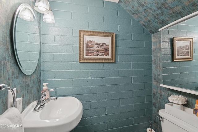 bathroom with lofted ceiling, a sink, and toilet