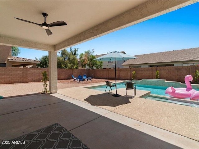 271 W Roadrunner Dr, Chandler, AZ 85286 - view of swimming pool featuring a fenced backyard, a ceiling fan, a fenced in pool, and a patio area