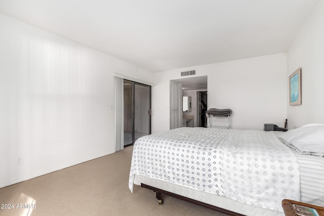 bedroom with light colored carpet and a closet