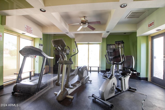 workout area featuring a healthy amount of sunlight, ceiling fan, and coffered ceiling