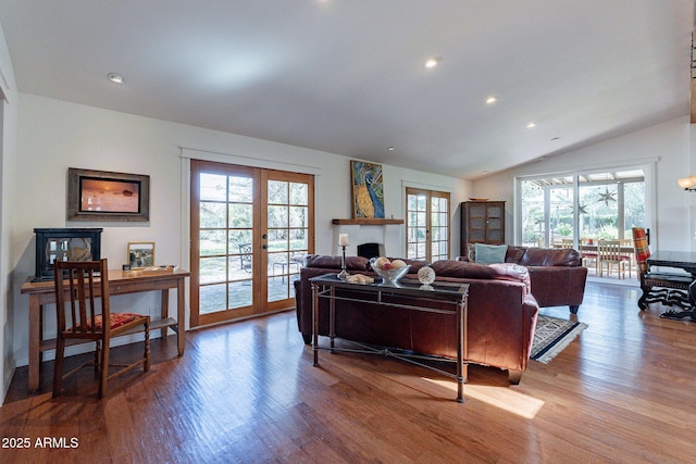living area featuring french doors, wood finished floors, a healthy amount of sunlight, and vaulted ceiling