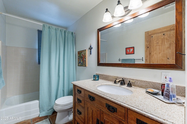 full bath with tile patterned flooring, shower / bath combo, vanity, toilet, and visible vents