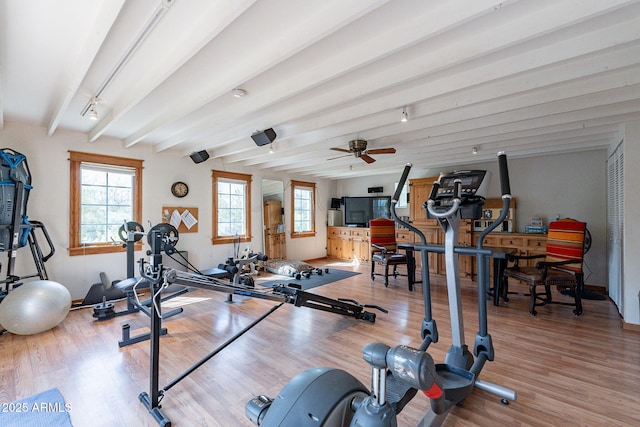 exercise room with a ceiling fan, baseboards, and wood finished floors