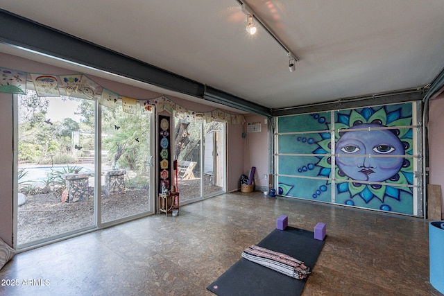 workout room with track lighting and a garage