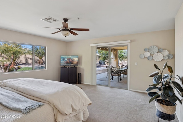 carpeted bedroom with access to exterior and ceiling fan