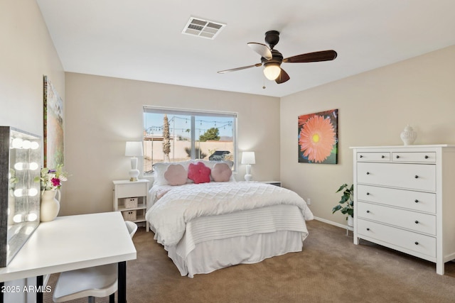 bedroom with ceiling fan and dark colored carpet