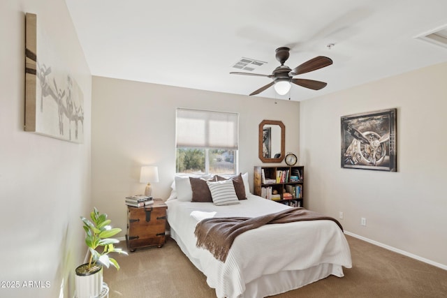 bedroom with light carpet and ceiling fan