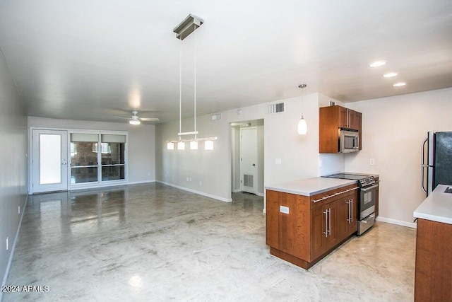 1630 E Georgia Ave Unit 208, Phoenix, AZ 85016 - kitchen with appliances with stainless steel finishes, ceiling fan, light countertops, brown cabinetry, and open floor plan