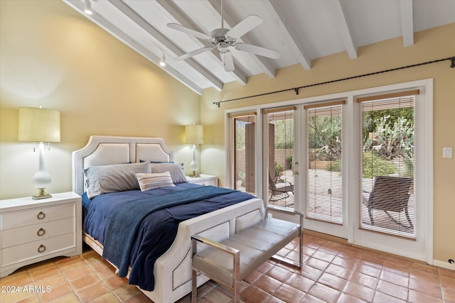 tiled bedroom featuring access to outside, ceiling fan, beamed ceiling, and high vaulted ceiling