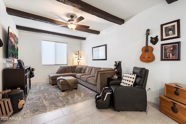 17140 W Running Deer Trl, Surprise, AZ 85387 - living area with beamed ceiling, a ceiling fan, light tile patterned flooring, and baseboards