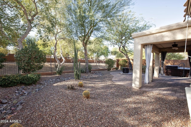 view of yard with a patio area and ceiling fan