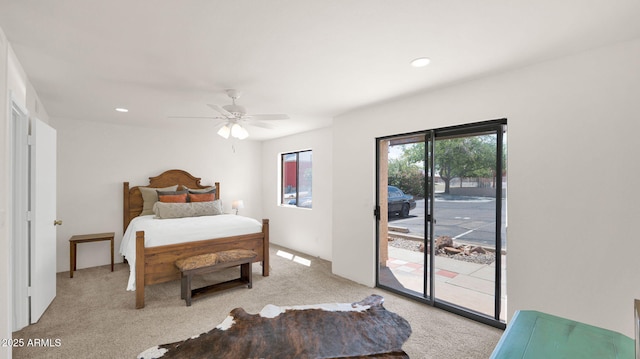 455 N Tegner St Unit 59, Wickenburg, AZ 85390 - bedroom featuring light carpet, access to exterior, recessed lighting, and ceiling fan