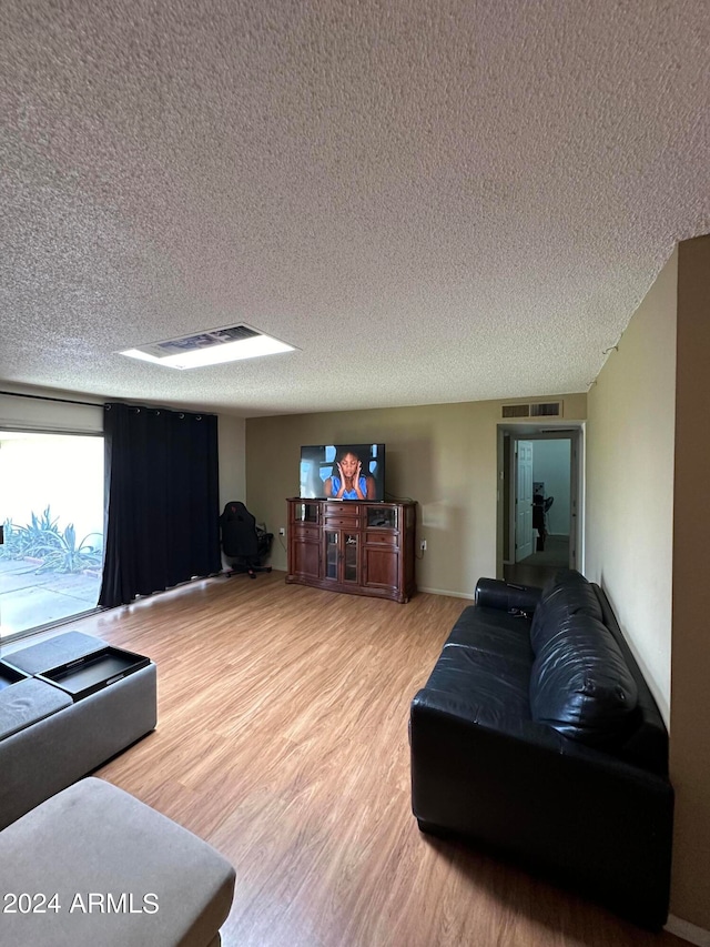 living room with wood-type flooring and a textured ceiling