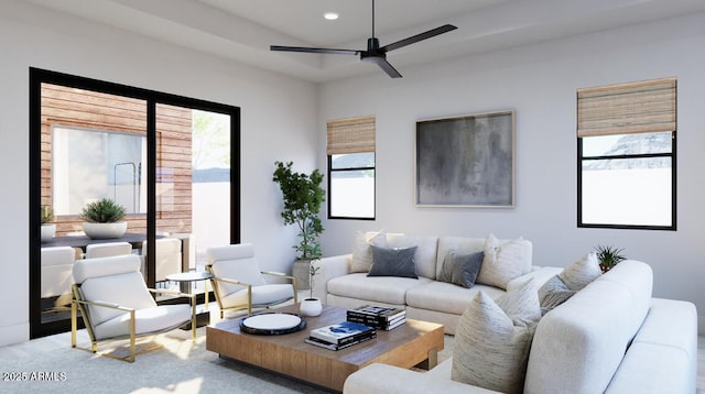 living room featuring carpet, a ceiling fan, and recessed lighting