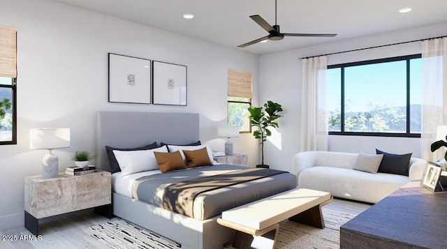 bedroom with ceiling fan, wood finished floors, and recessed lighting